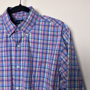 Ralph Lauren Pony Purple Pink Green Check Long Sleeve Button cotton Mens Medium